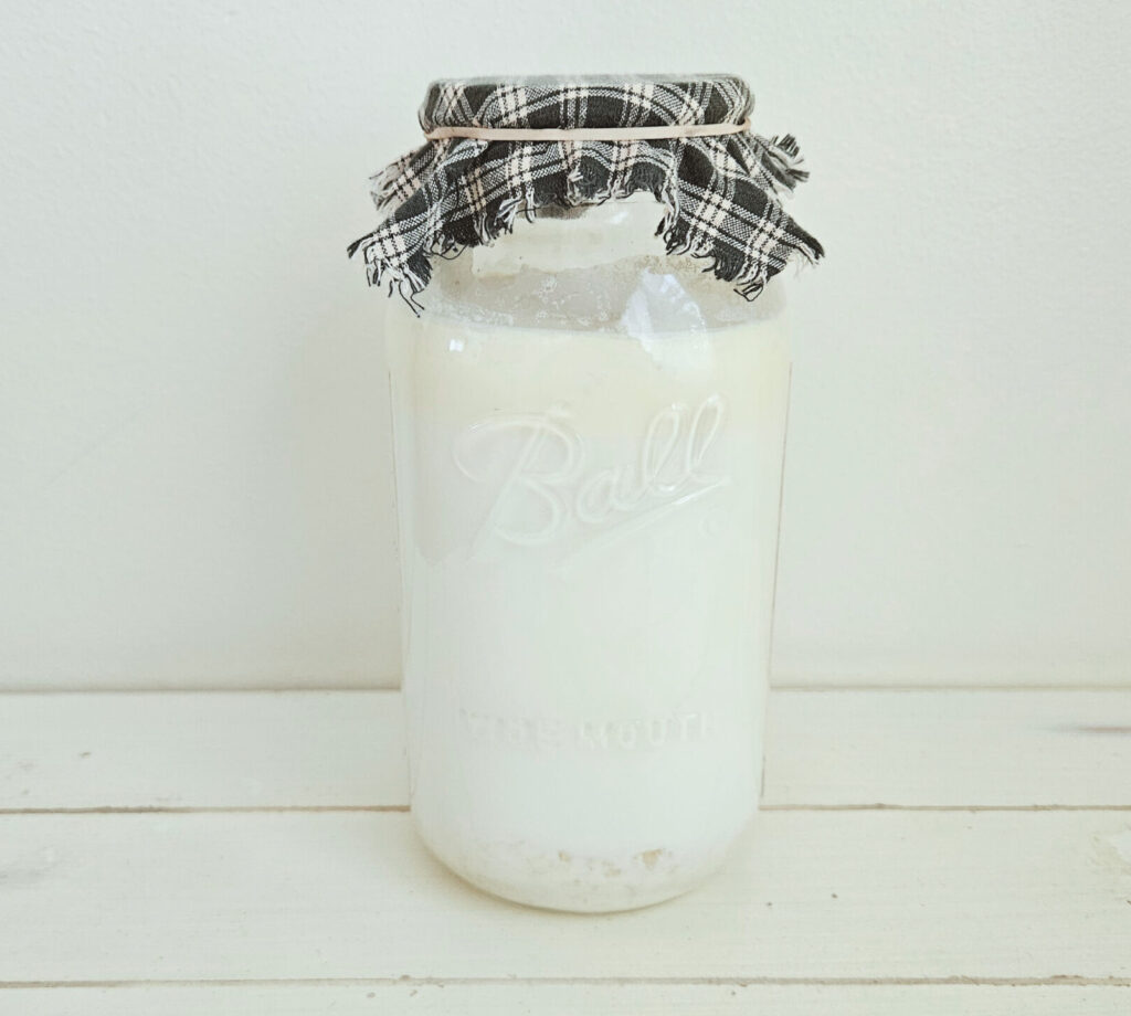 Milk kefir in a glass jar sitting on top of a cream colored table. Green checkered cloth secured by a rubber band on the jar opening.