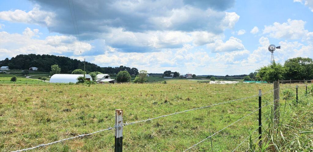 Farm with a greenhouse and a windmill. Barbed wire fence. Blue sky with white and dark gray clouds.