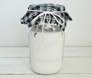 Wide mouth mason jar filled with white milk kefir. The top of the mason jar is covered with a green and white checkered cloth and secured with twine tied in a bowtie.