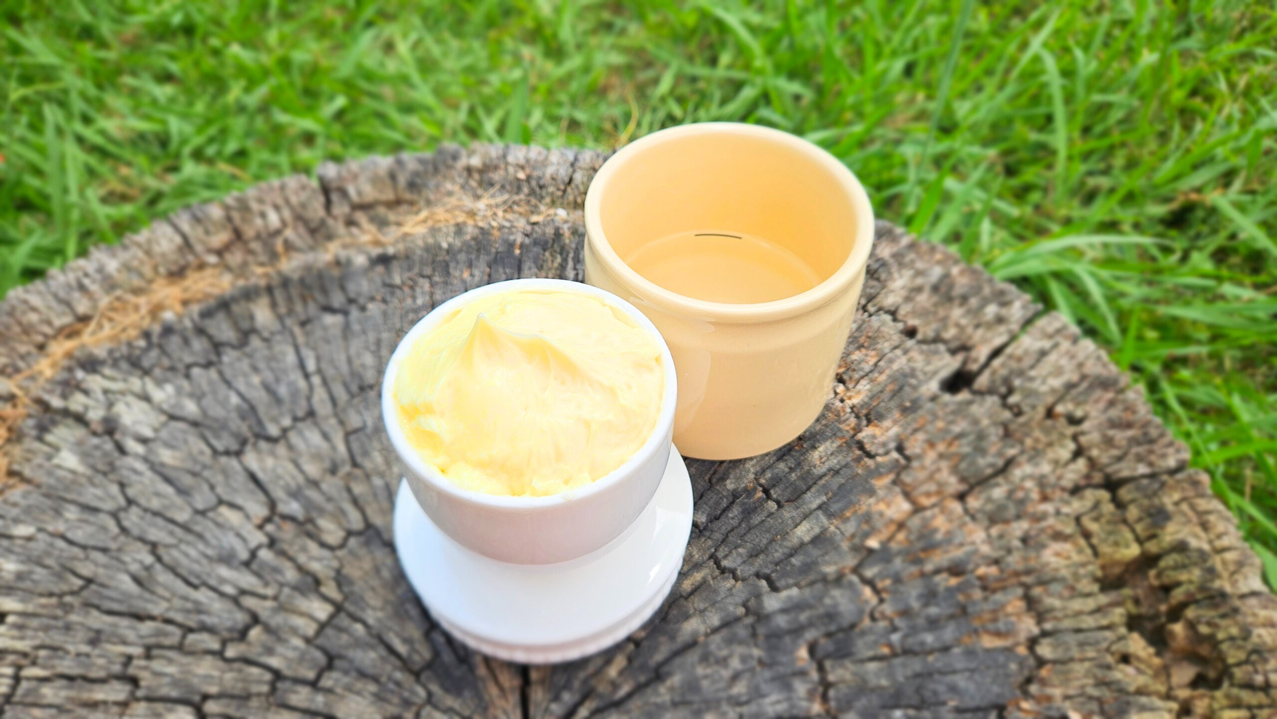 Deep yellow homemade butter in a white butter crock top. Yellow butter crock base sitting next to it filled with water at the bottom. Both sitting on top of a tree stump outside with green grass in the background.