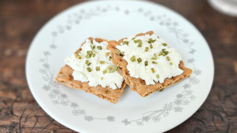 A white plate with a gray floral border with two crackers topped with cream cheese and chives. Sitting on top of a brown trunk.
