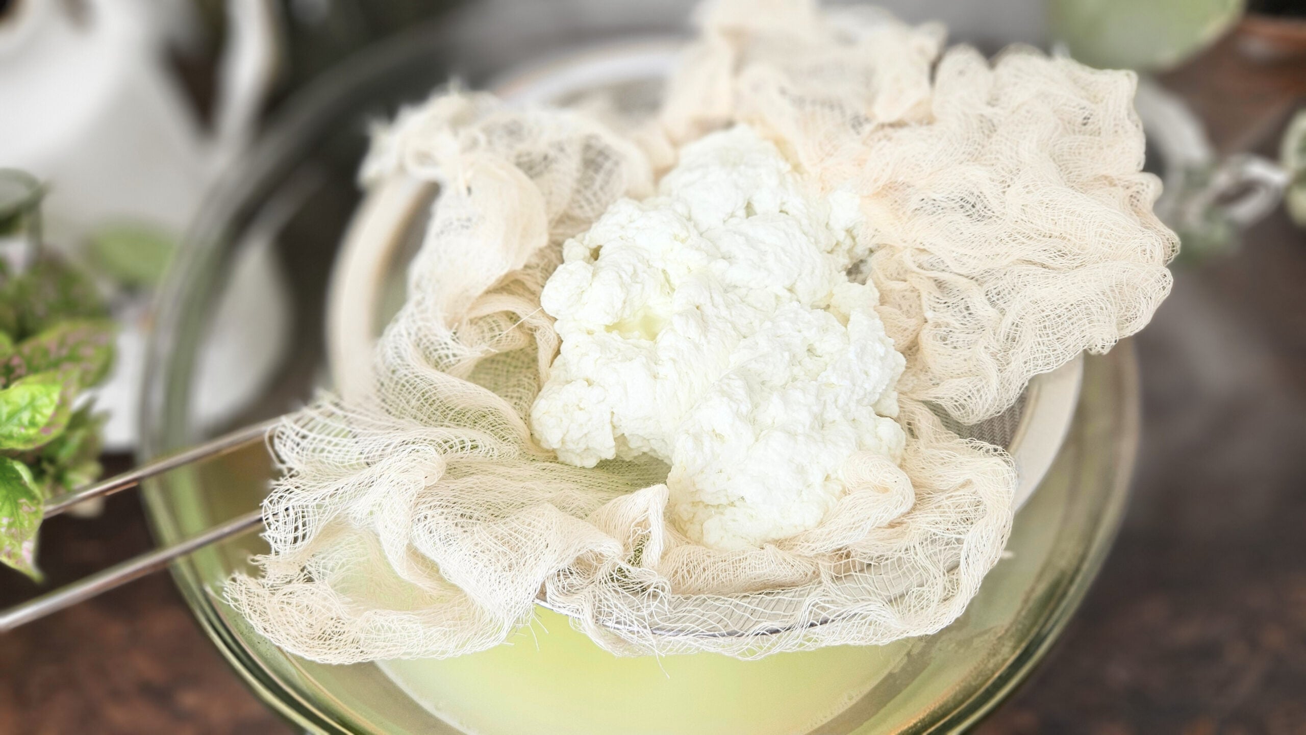 A glass bowl filled with yellow whey. White curds on a fine mesh strainer and cheesecloth.