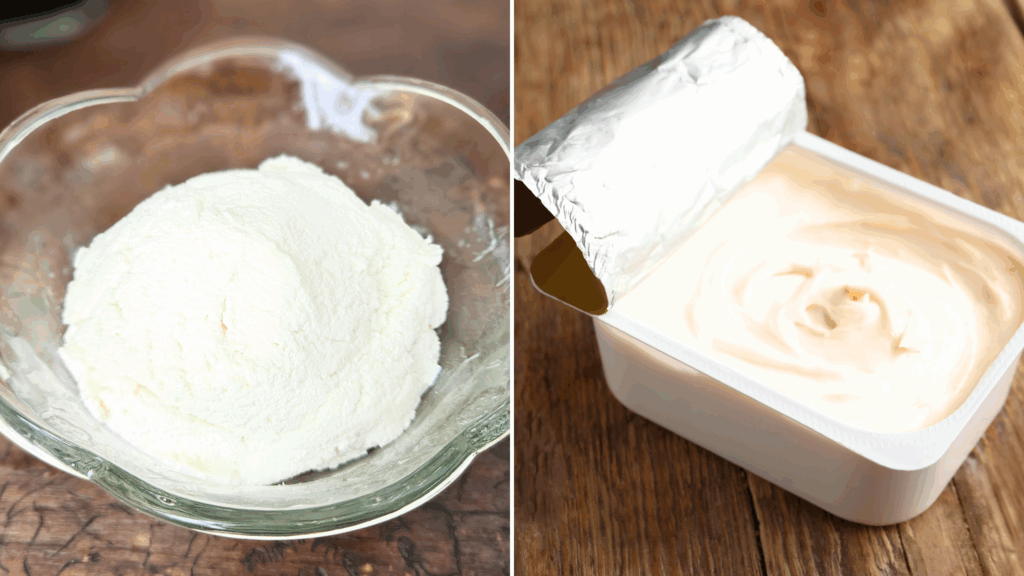 Side by side comparison of homemade cream cheese and purchased cream cheese. Picture on the left is homemade cream cheese in a glass bowl. Picture on the left is an opened package of cream cheese. Both have wood backgrounds.