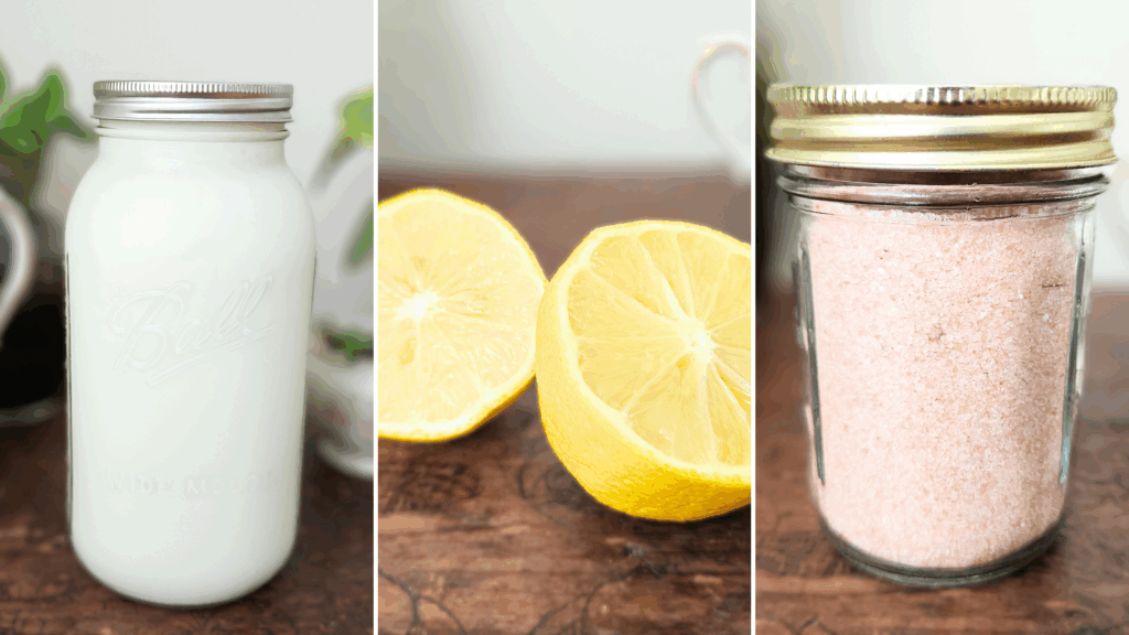 Grid of three pictures. Picture on the left is a half gallon of raw milk in a mason jar. Sitting on top of a brown wooden trunk with plants in the background. Middle picture is a bright yellow lemon sliced in half and sitting on top of a brown wooden trunk. The picture on the right is a small mason jar filled with pink himalayan salt and sitting on top of a brown wooden trunk.