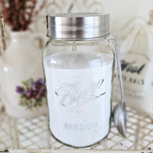 A large glass jar with a metal lid filled with powder laundry detergent. A metal scoop is leaning next to the jar. Pottery filled with dried eucalyptus and a bag of wool dryer balls are in the background.