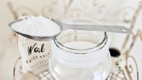 A metal scoop of powder laundry detergent. Scoop is resting on top of a gallon glass jar. A bag of wool dryer balls is in the background.