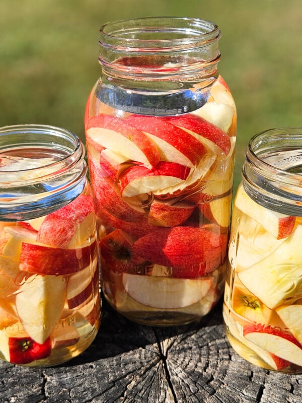 3 mason jars filled with sliced apples ready to be made into apple cider vinegar.