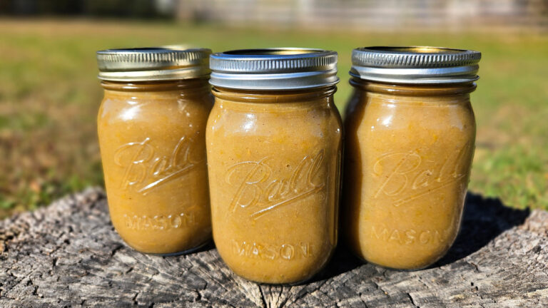 3 pint jars of applesauce outside on a tree stump.