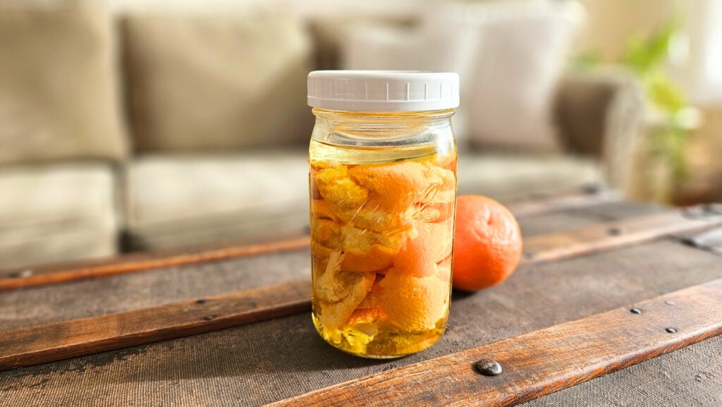 Quart size mason jar filled with orange peels and distilled white vinegar. Orange next to the jar.