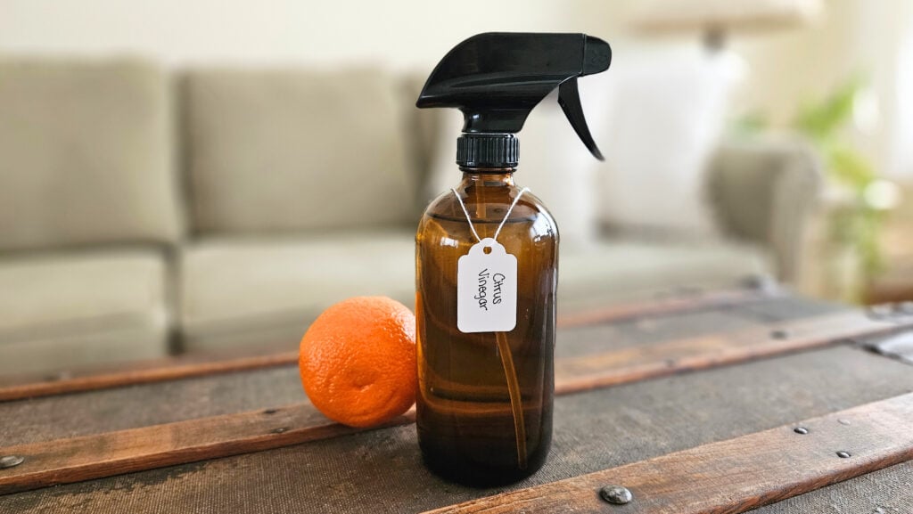 Citrus vinegar cleaning spray in an amber glass spray bottle sitting on top of a trunk. Bottle is labeled and there is an orange next to the bottle.