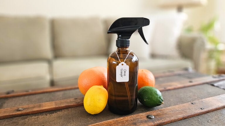 Spray bottle of citrus vinegar cleaning spray with an orange, grapefruit, lemon, and lime surrounding the bottle.