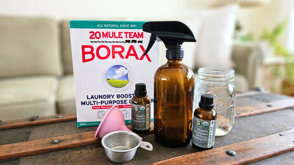 All supplies and ingredients needed to make a homemade bathroom cleaner.